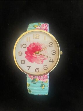 BLAIR Floral Pink Dial Women's Watch with Aqua Floral Band RUNS WELL!